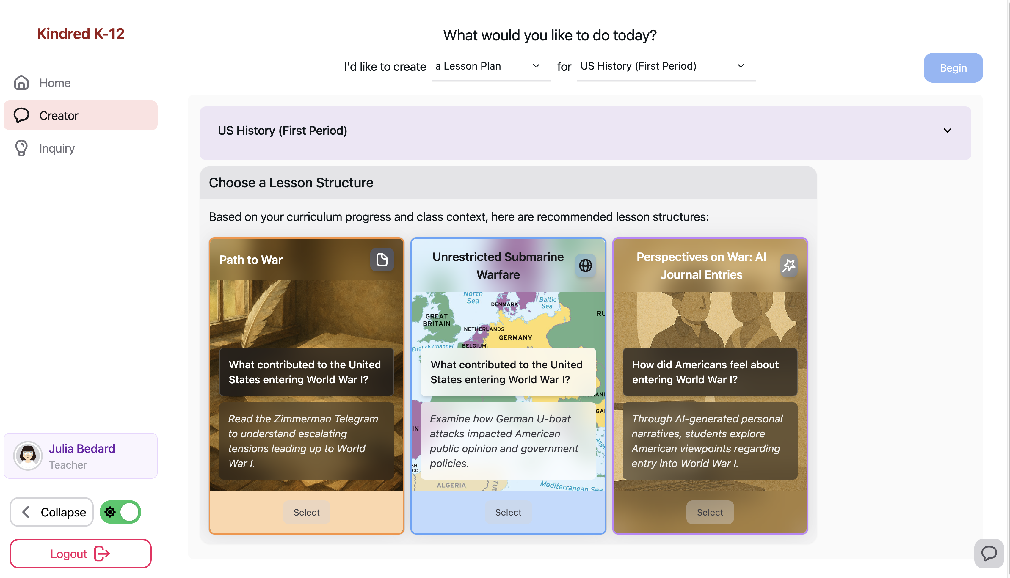 Kindred K-12 AI-powered lesson planning platform interface showing collaborative curriculum tools for K-12 teachers